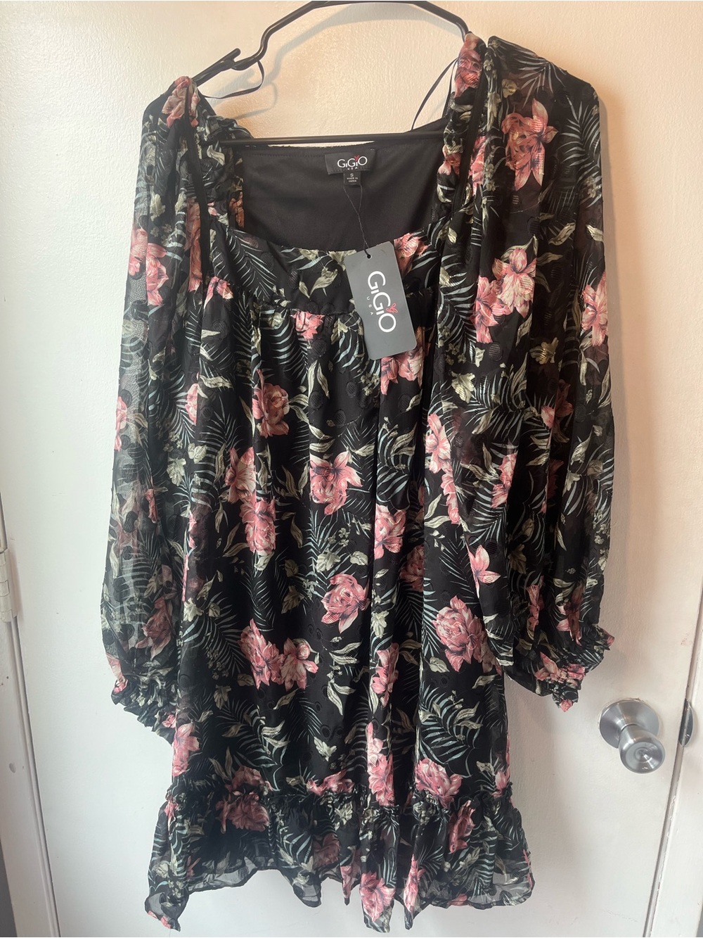 Black Long-Sleeve Floral Dress with Pink Roses